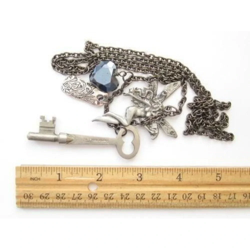 Fairy, Key,‎ Engraved Dream Tag & Crystal Heart Shaped Charms Necklace